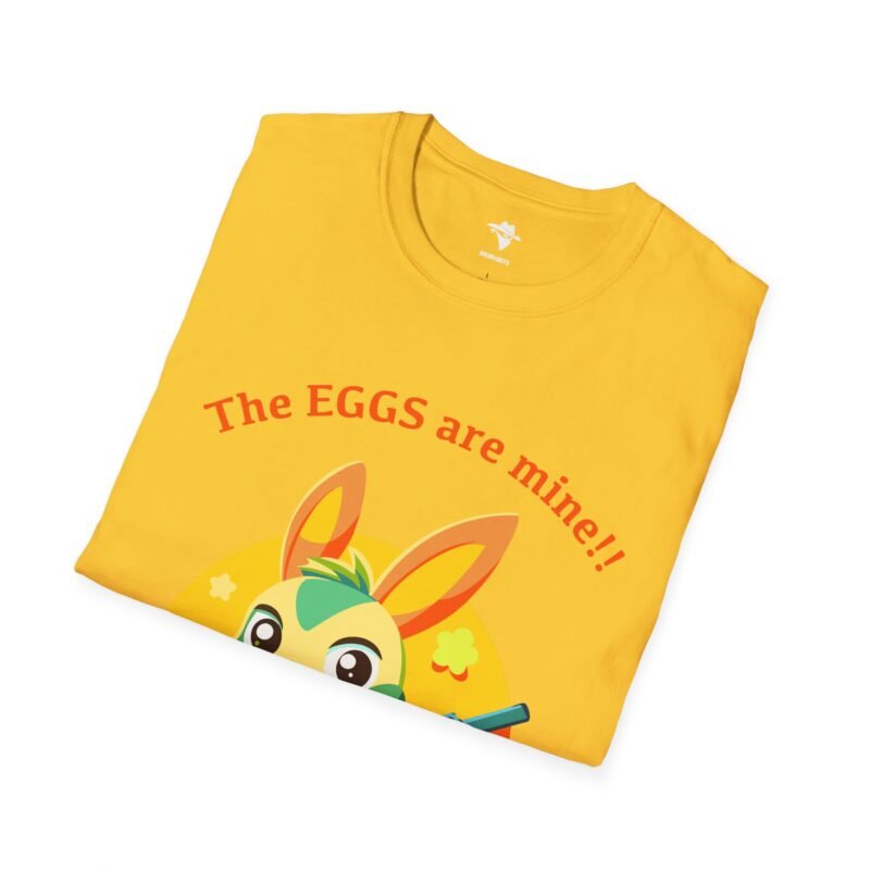 a yellow shirt with a cartoon character on it that is a bunny holding a gun