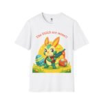 a white t-shirt with a cartoon rabbit holding a gun