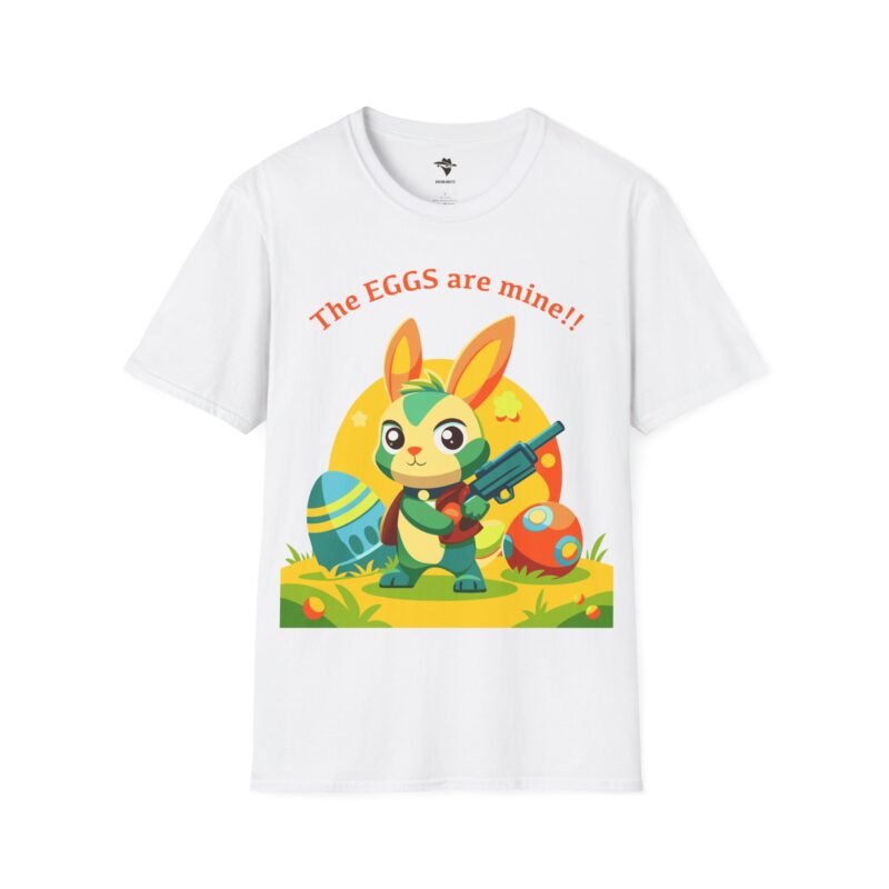a white t-shirt with a cartoon rabbit holding a gun