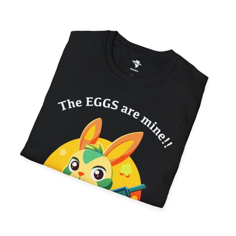 a black shirt with a cartoon rabbit on it with easter eggs