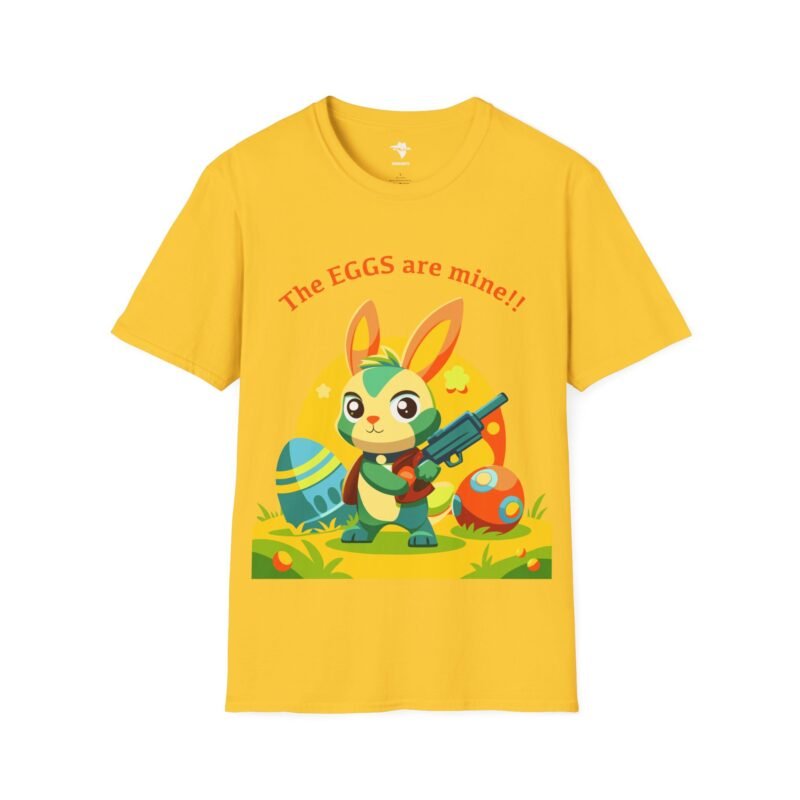 a yellow t-shirt with a cartoon rabbit holding a gun