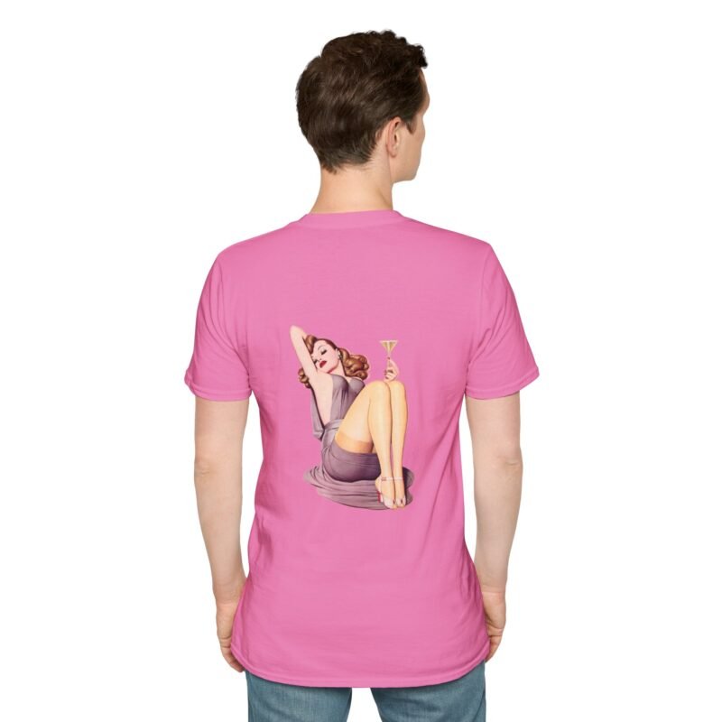 a man wearing a pink shirt pin up girl on the back of the t shirt