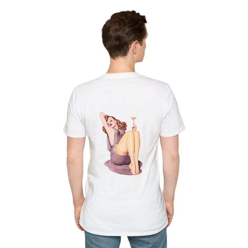 Man wearing a white t shirt with a pin up girl on the back