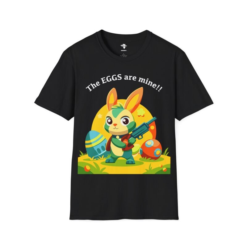 a black t-shirt with a cartoon rabbit holding a gun