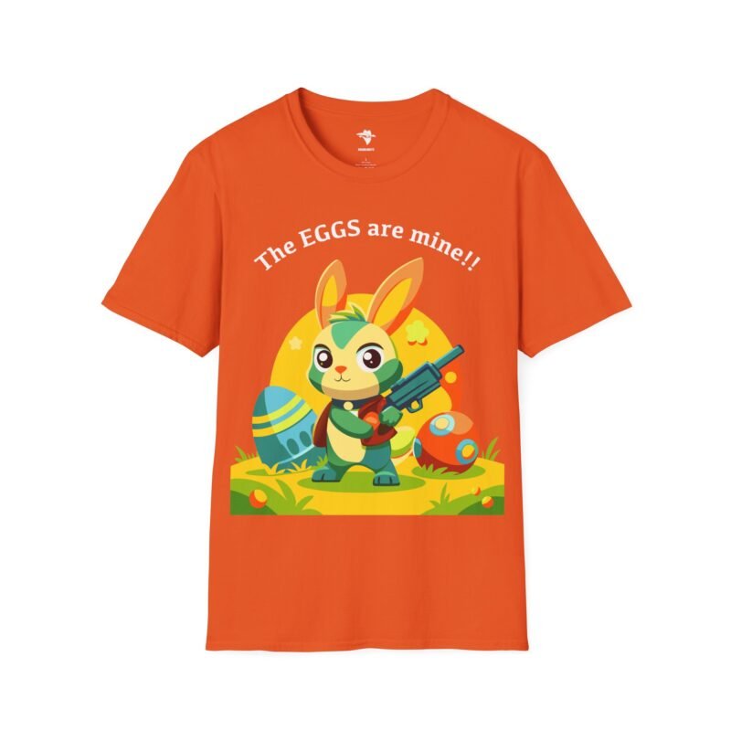 a orange t-shirt with a cartoon rabbit holding a gun
