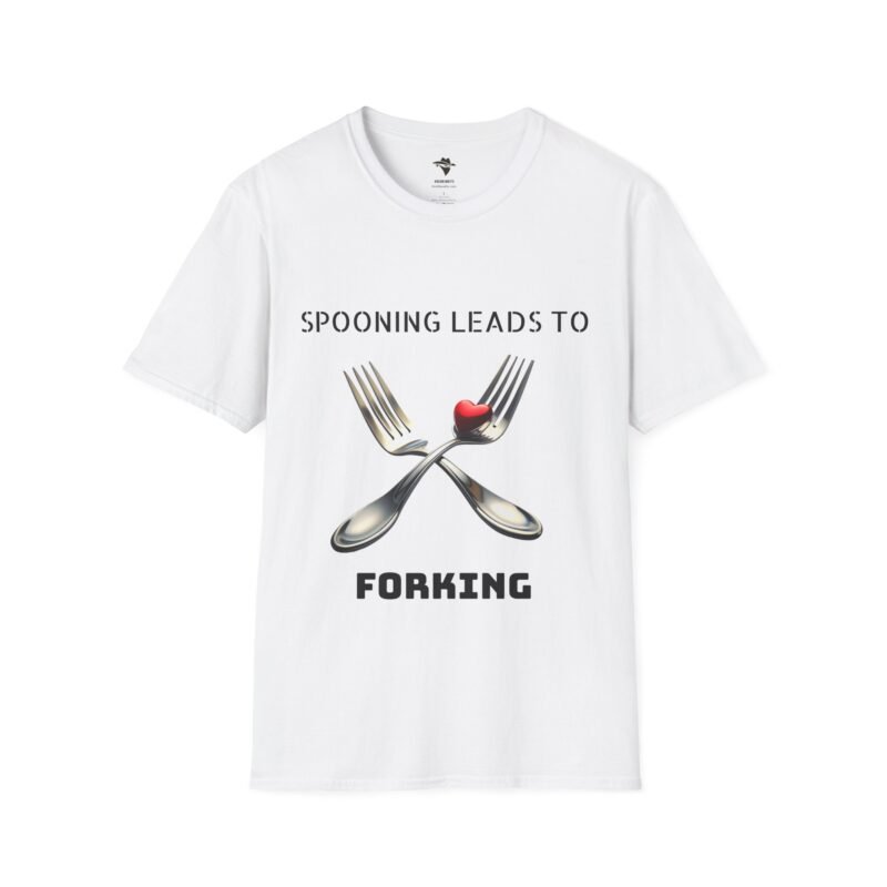Get the "Spooning Leads to Forking" Graphic T-Shirt - The Perfect Blend of Humour and Style!